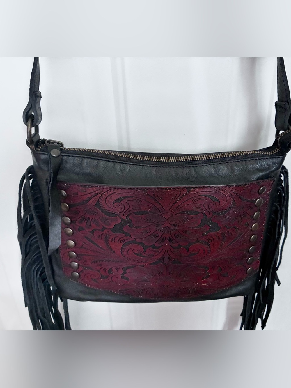 Fringed Tooled Leather Crossbody Bag - Black & Burgundy - Picture 3 of 10